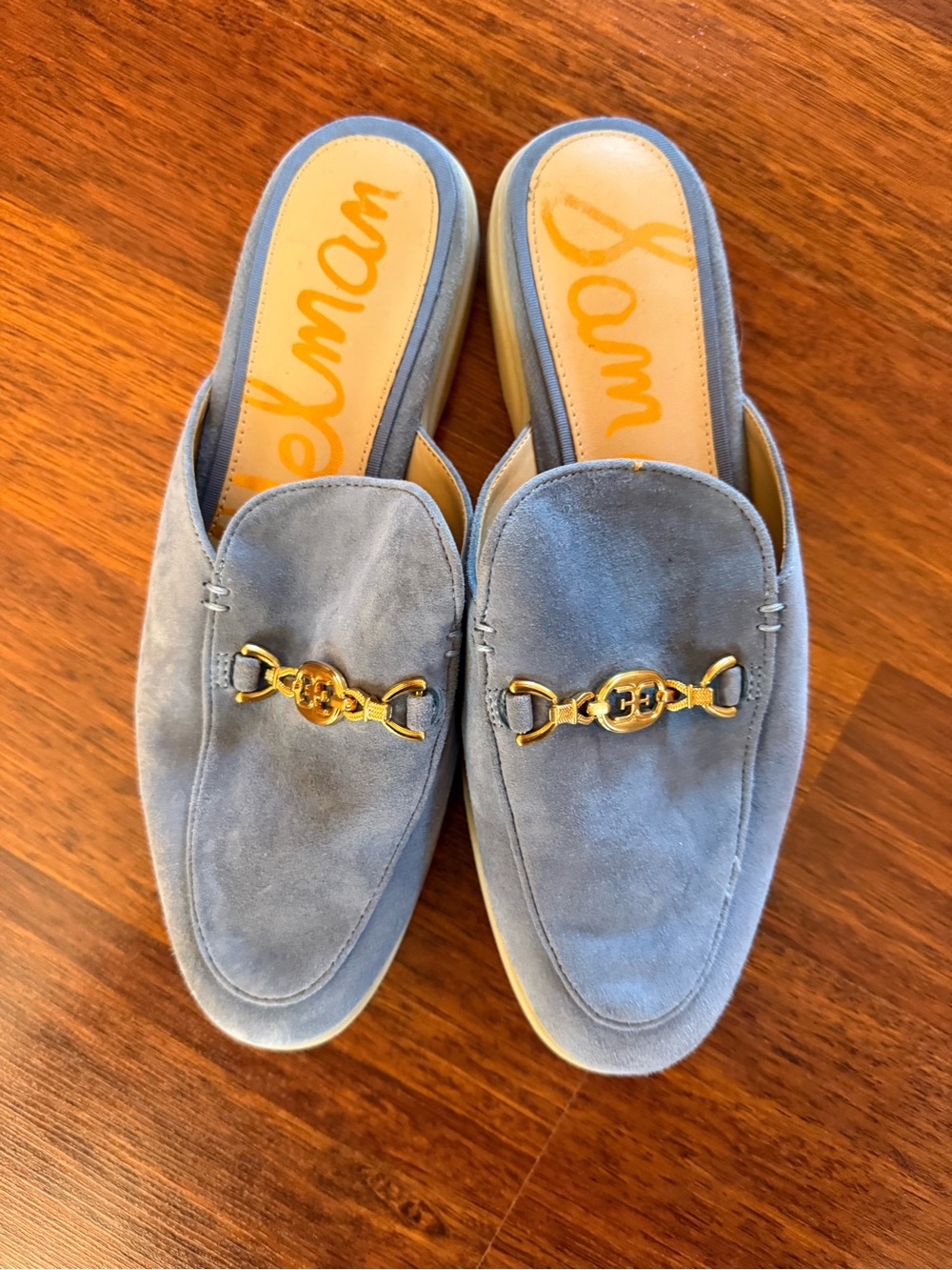 Sam Edelman Light Blue Suede Slip-On Loafers with Gold Bit